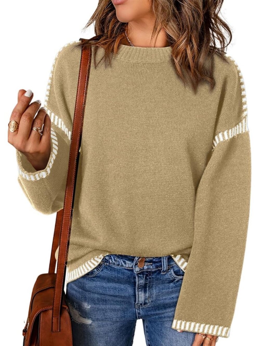Women's Khaki Oversized Crewneck Long Sleeve Knit Casual Fashion Sweater Tops